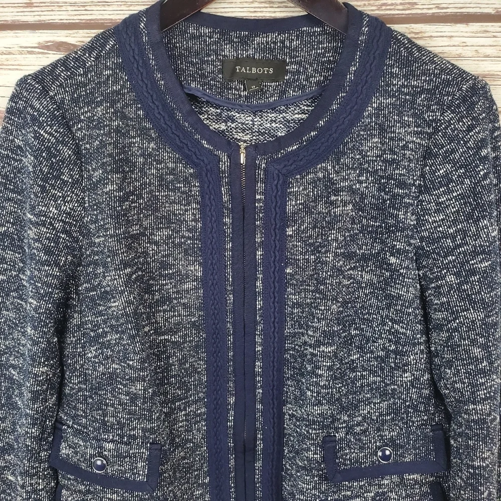 NWOT Talbots Womens Size 12 Navy Blue/White Tweed Zip Blazer Jacket